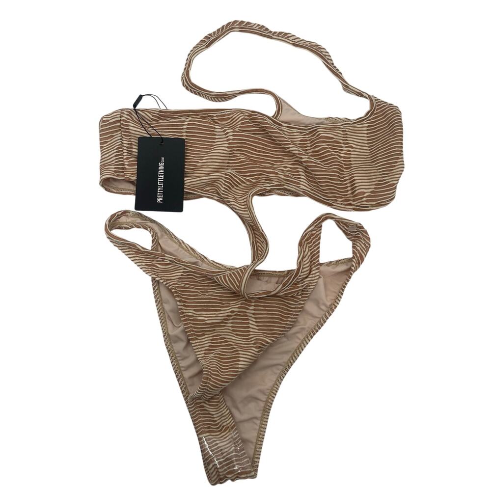 PRETTYLITTLETHING Swimsuit Size 12 NWT Cutout Textured Cream Contrast Beach Swim